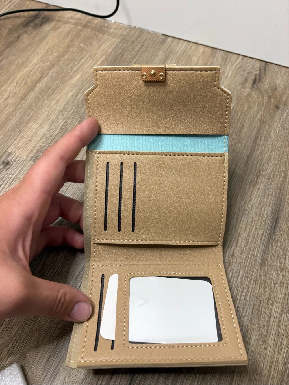 Forever Memory Color Block Trifold Wallet Cat Clasp NWT Korean Style Blue/Tan